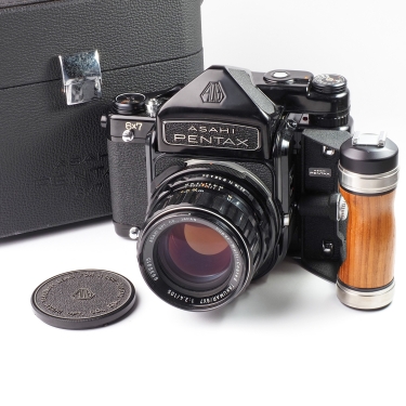 Pentax 6x7 Film Camera with 105mm F2.4 Lens, TTL Prism, Wood Grip, & Quick Focus Ring (EX+) Used 