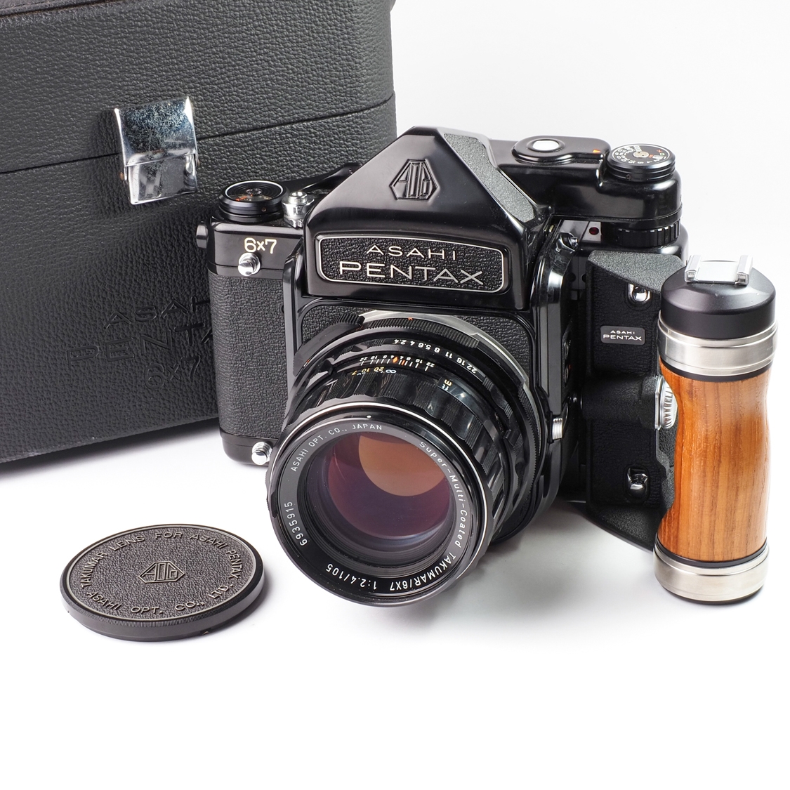 Pentax 6x7 Film Camera with 105mm F2.4 Lens, TTL Prism, Wood Grip, & Quick Focus Ring (EX+) Used 