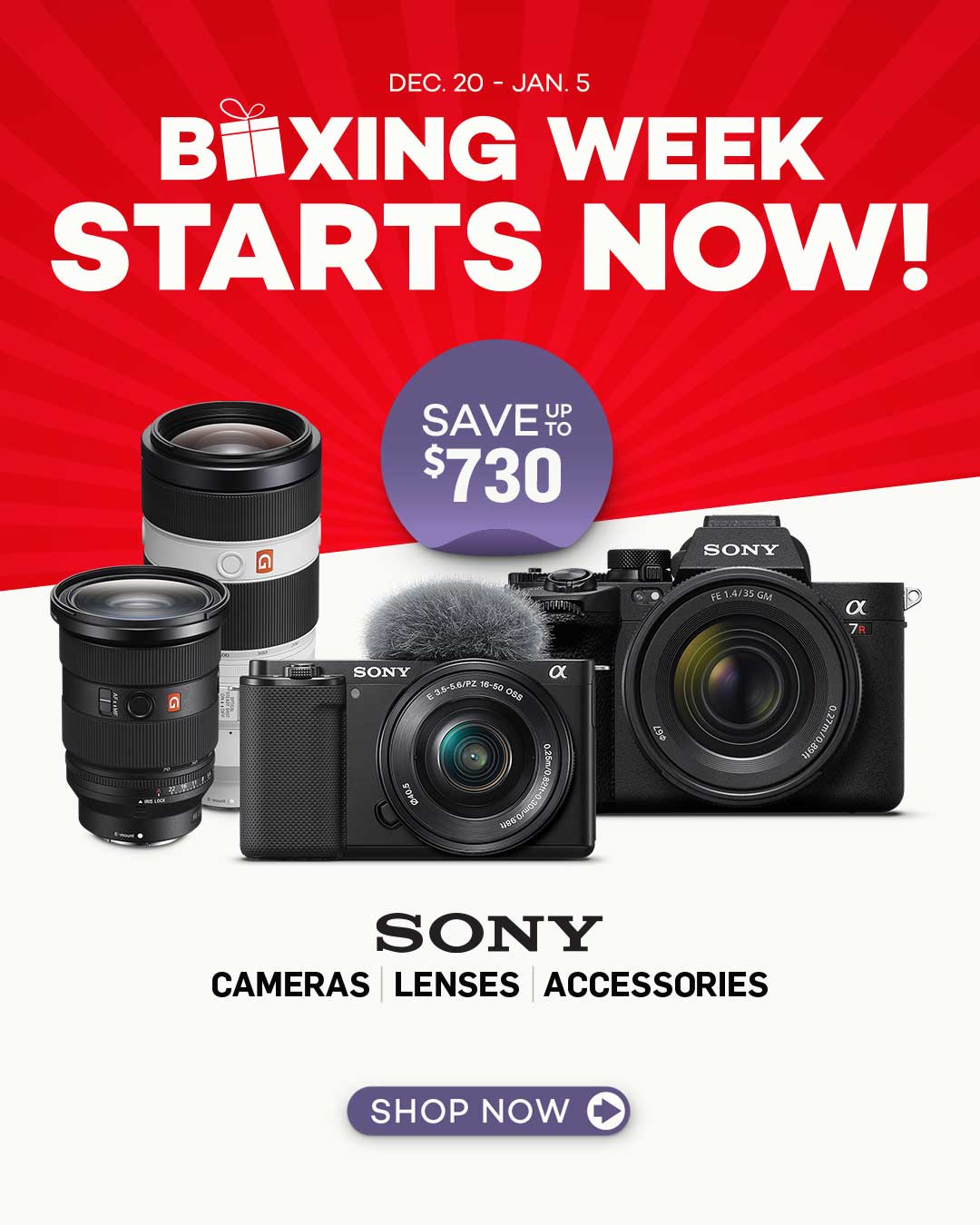 Save up to $730 on Sony Cameras, Lenses & Accessories for Boxing Week